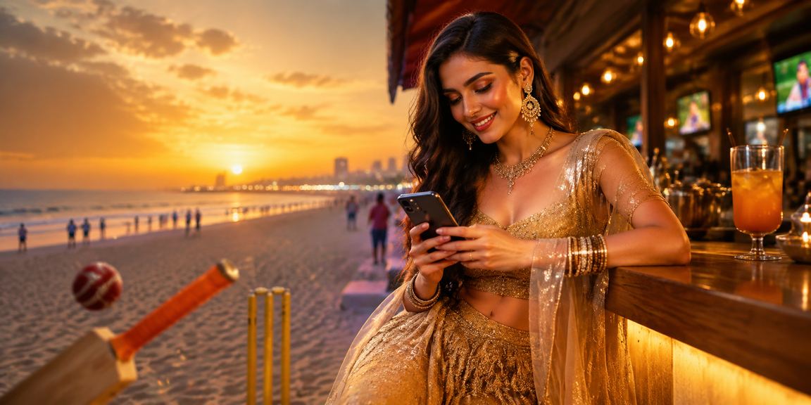 Cricket fan using mobile betting app on Chennai Marina Beach